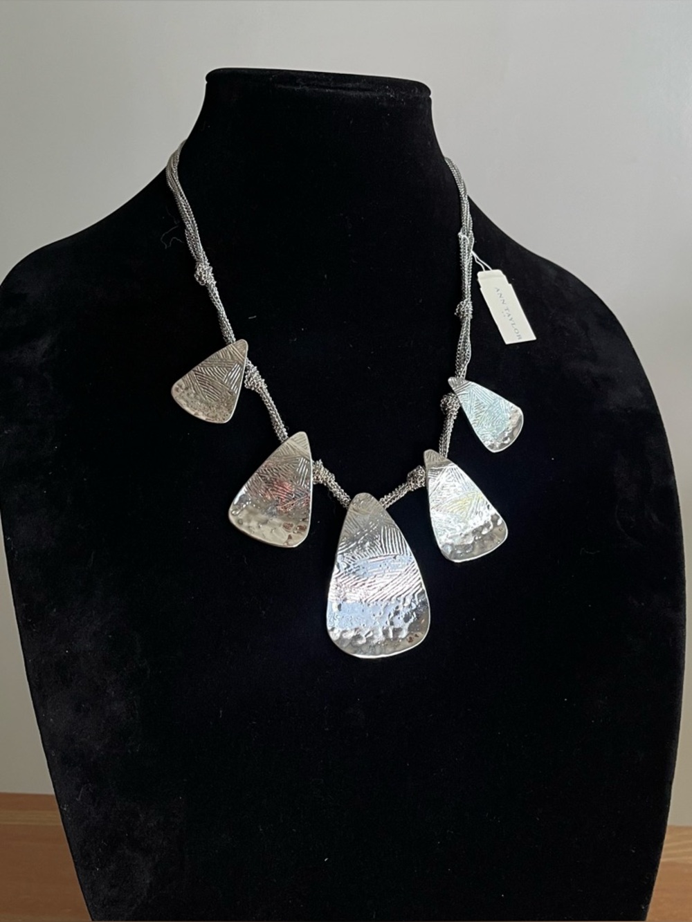 Ann Taylor Silver Textured Statement Necklace - Modern Five-Pendant Design
